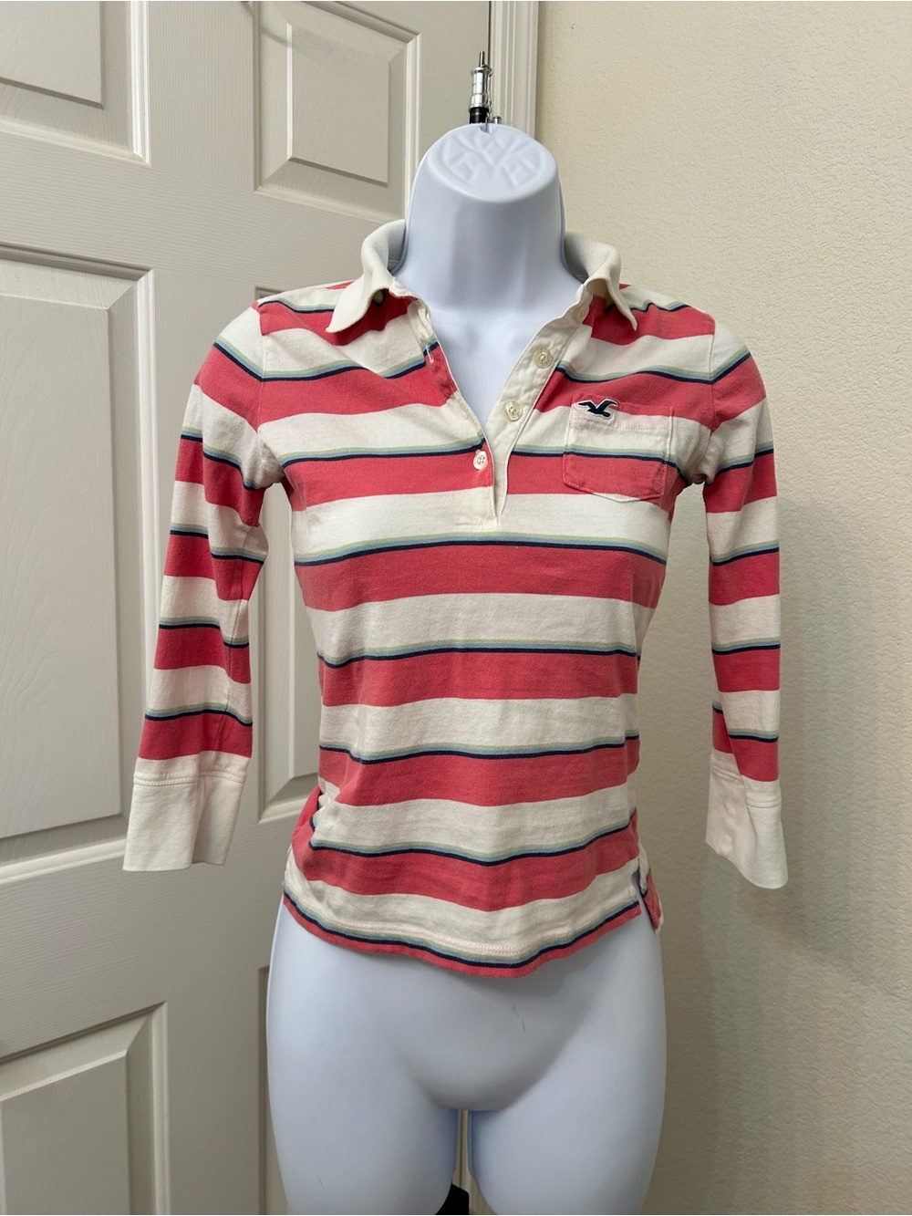 Rare Vintage Y2K Hollister Pink & White Striped Rugby Top